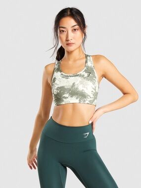 Gymshark Essential Racer Back Sports Bra | Light Green Camo Print
